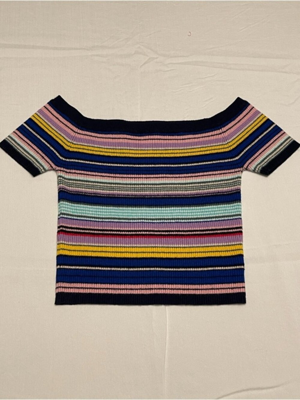 Playful Y2K Style Off-the-Shoulder Ribbed Knit Vibrant Multicolor Crop Top